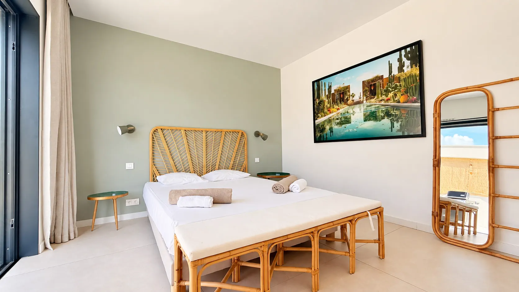 Chambre vert sauge, tête de lit en rotin